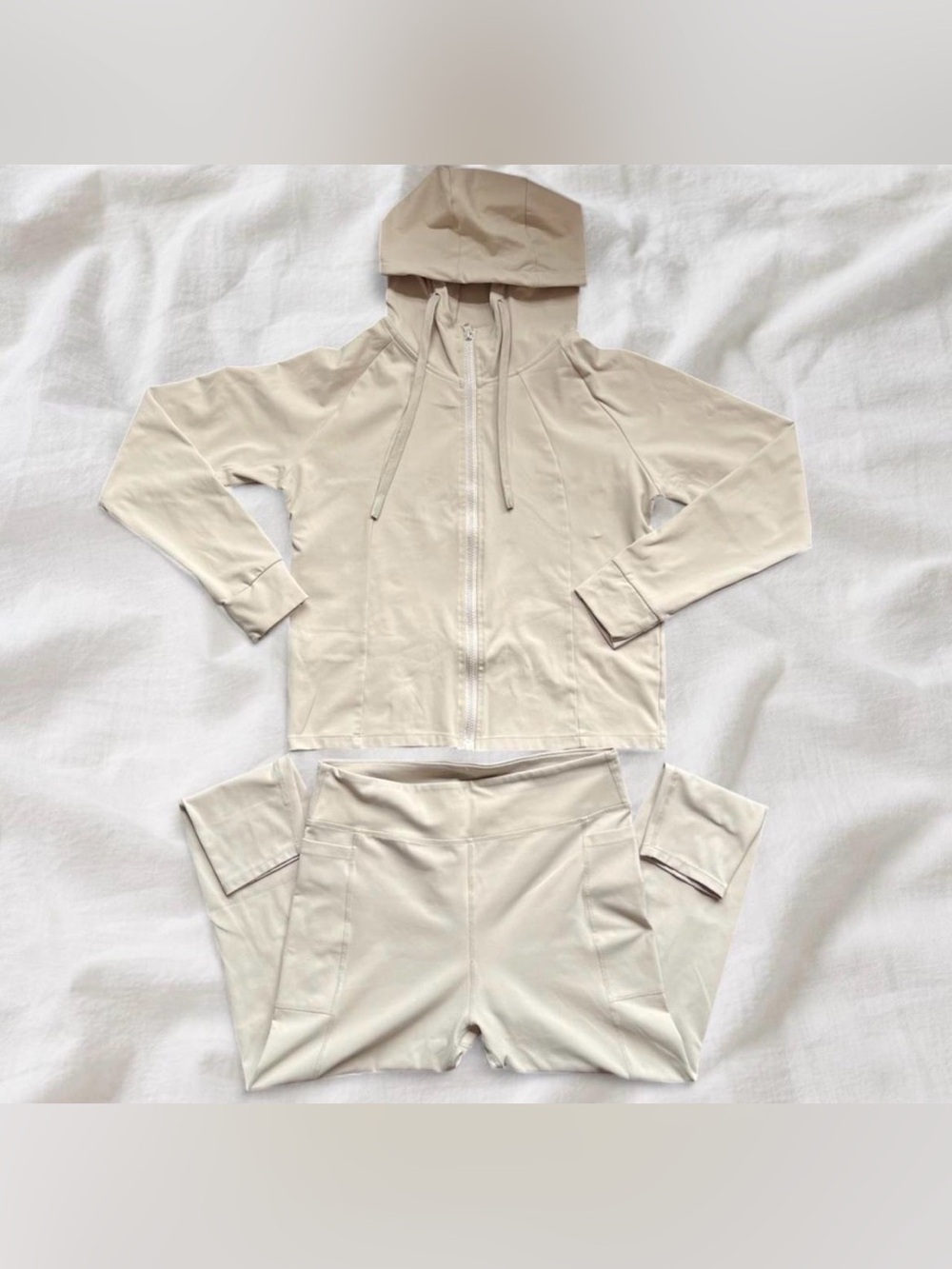 Fashion Nova Cream Hooded Zip Activewear Jacket and Pants Set
